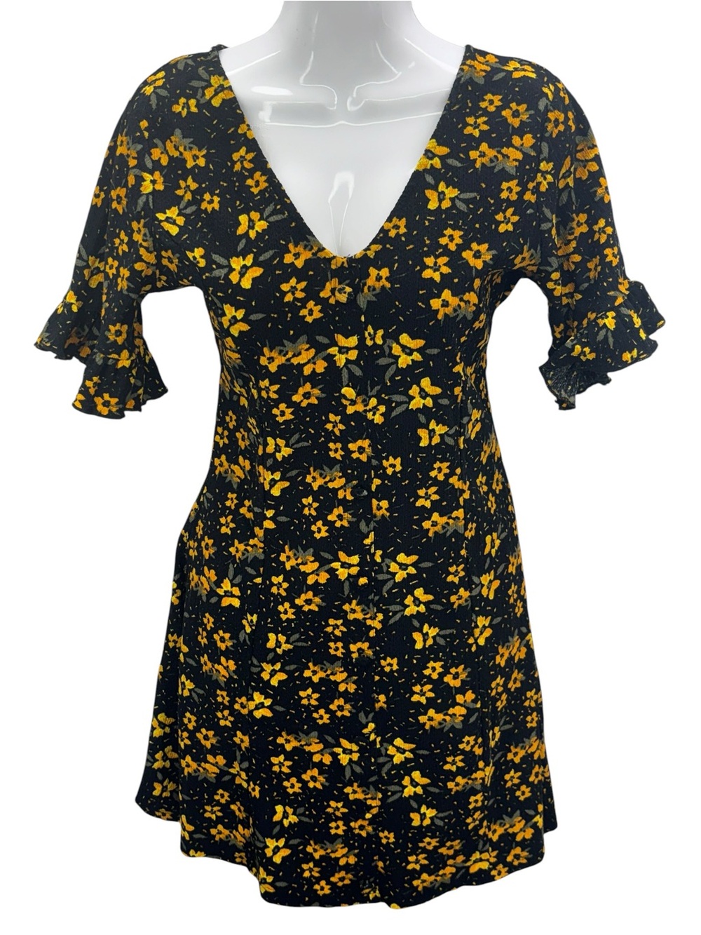 V By Very Floral Mini Dress UK 10 US 6 Black Yellow V-Neck Ruffle Sleeve Button